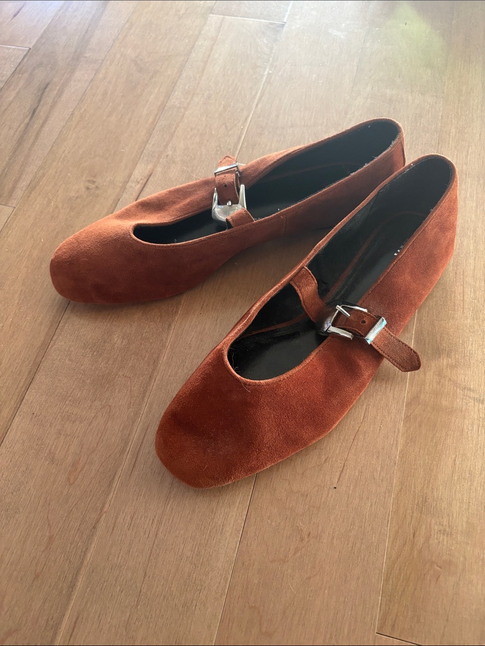 Zara Rust Suede Mary Jane Flats with Buckle